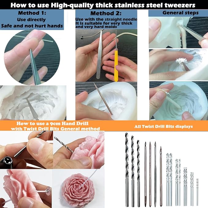 45PCS Candle Making Kit for Candle Drilling&Mold Punching,7.9" Extra Long Big Eye Needle Hand Twist Drill Bits Multi Sizes with Plastic Box,Candle Mold Punch Set with Hook Eye for Inserting Mold Wicks