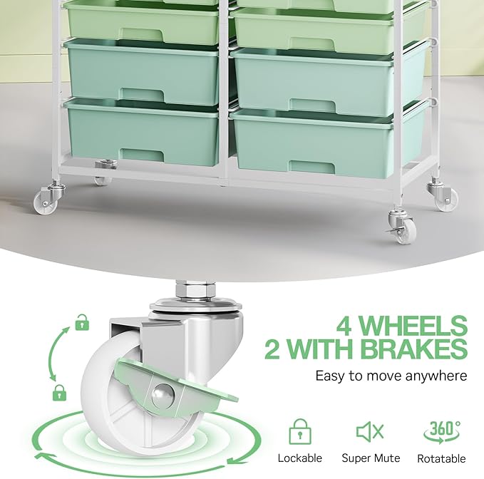 TOOLF 12 Drawers Rolling Storage Cart with Wooden Top for Classroom,Green | Teacher Cart Craft Art Supply Organizer, Utility Cart with Lockable Wheels for Home Household Essentials, Office Organization