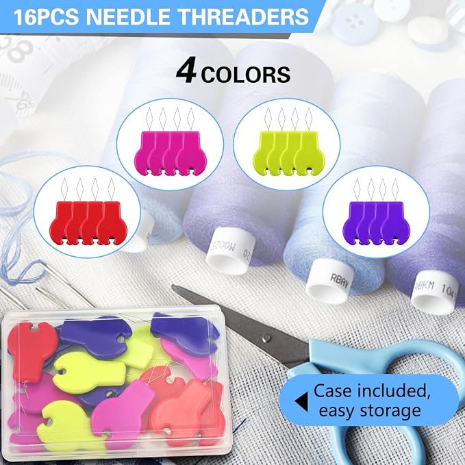 Lechchy 16 Pcs Sewing Machine Needle Threaders for Embroidery Floss, Cut-Off Thread Function, Gourd Shaped Simple Threader Tool for Hand Sewing, Sewing Crafting, with Clear Storage Box, 4 Colors