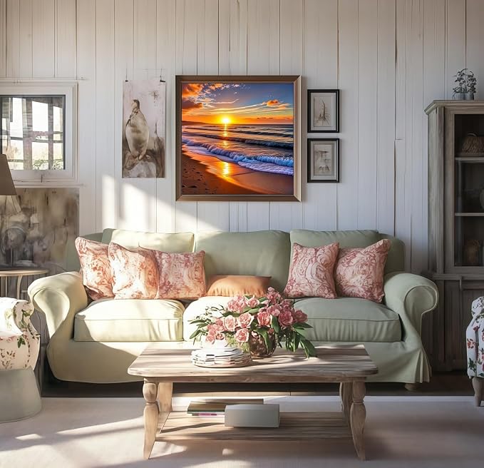 5D Diamond Painting Kits for Adults,Sunset Landscape Beach Diamond Art Kits | Full Drill Round Gem Art Paint by Diamonds Dots Crafts Kits for Home Wall Decor 13.7x13.7inch