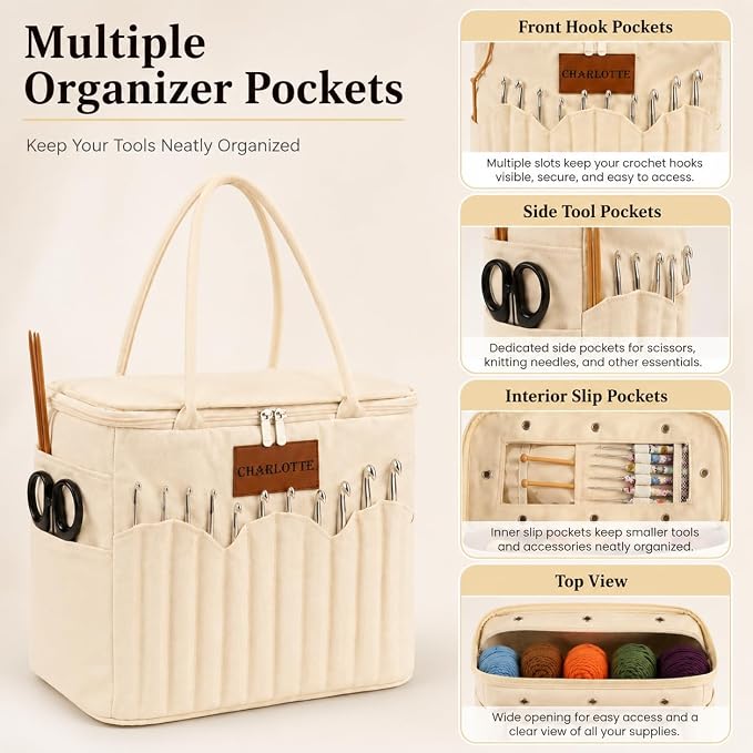 Canvas Yarn Storage Bag with Personalized Name Leather Patch, Large Canvas Yarn Bag for Crochet and Knitting, Crochet Organizer with Multiple Pockets & Yarn Holes, Birthday Gift for Mom Grandma