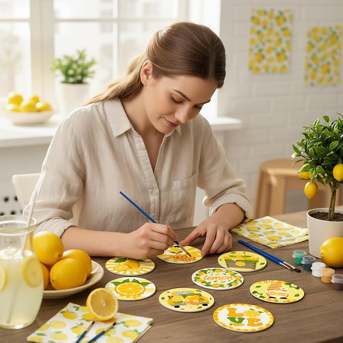 Reallnaive 8 Pcs Lemon Paint by Numbers Kit for Adults Wooden Coasters | Mini Paint by Numbers, Tiny Yellow Gnome Round Oil Painting Drink Coaster with Holder, for Small DIY Craft Birthday Gift