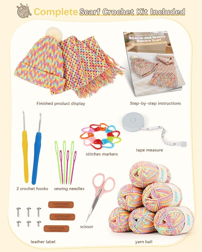 Katech Crochet Kit for Beginners w/Step-by-Step Instruction for Hat, Scarf
