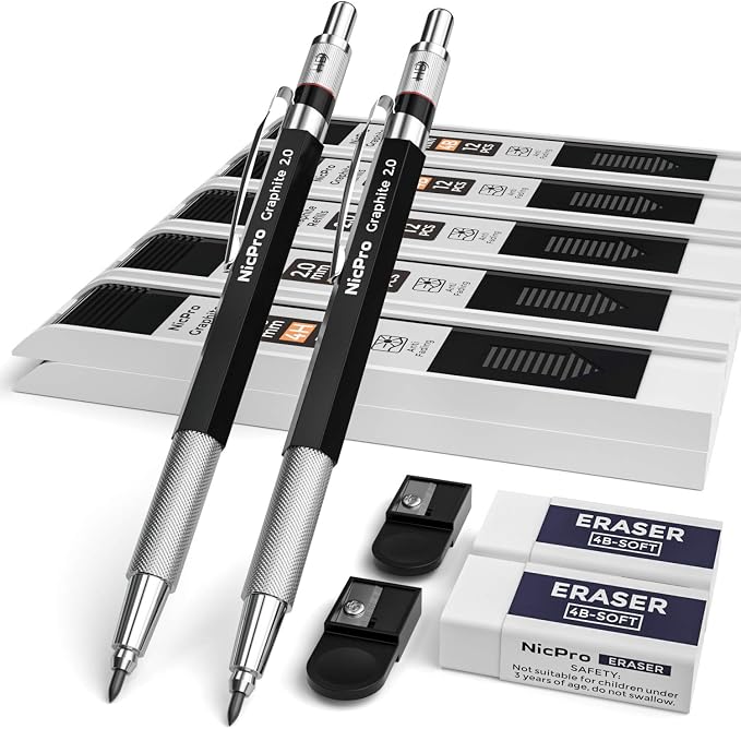Nicpro 2mm Metal Mechanical Pencil Set with Case, 2PCS
