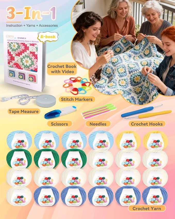 Coopay Crochet Kit for Beginners, Easy 3D Granny Square Blanket Kit, Blue