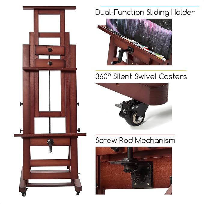 MEEDEN Extra-Large H Frame Easel: Solid Beech Wood Artist Easel for Adults | Professional Heavy Duty Easel with Crank, Movable and Tilting Flat Art Easel Stand for Canvas up to 76.7", Deep Walnut