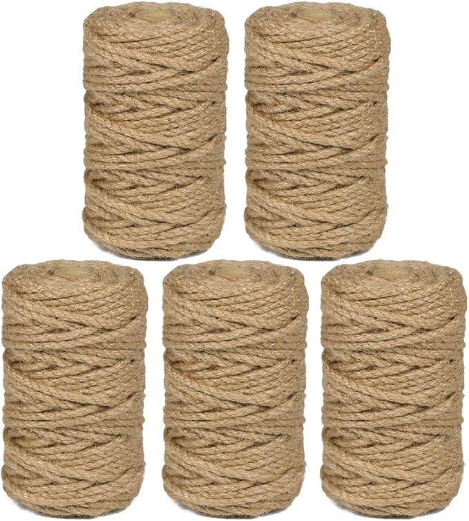 5Pack 5mm Natural Jute Twine Rope 525 Feet Twisted Heavy Duty Thick Twine for Cat Scratching Post Tree Craft Projects Garden Home Decoration Packing Bundling (Brown-105Feet/Roll)