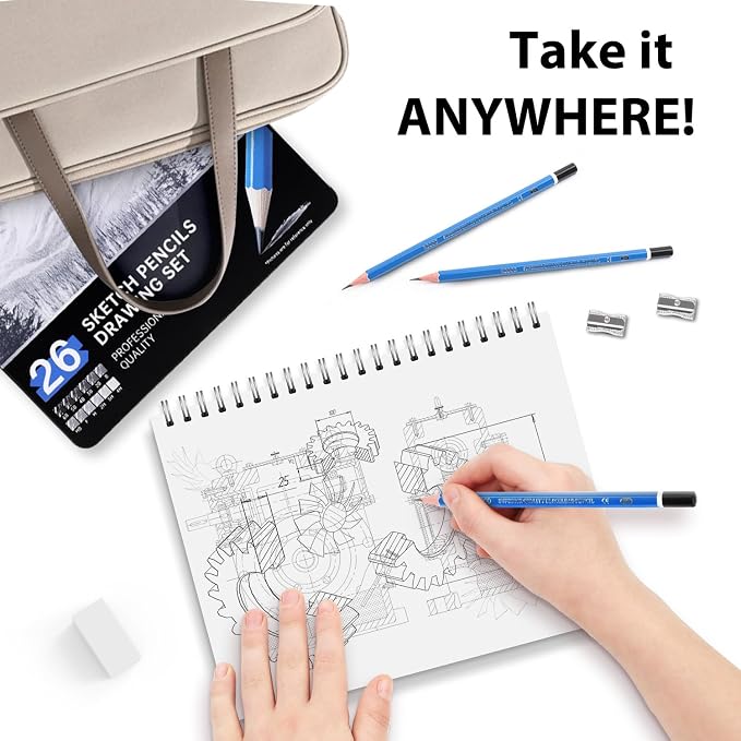Sketch Pencils for Kids and Adults Drawing, 26-Piece Profession Sketching Pencils, Drawing Pencil for Artists Beginner Sketching, Art Graphite Pencil 6B to 4H
