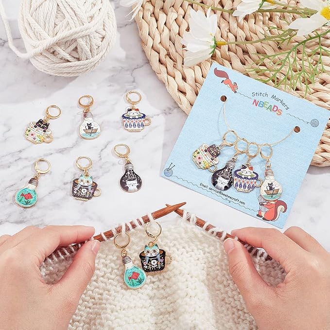 NBEADS 12 Pcs Cup Cat Stitch Markers, 6 Colors Alloy Enamel Cat Crochet Stitch Marker Charms Removable Locking Stitch Marker for Knitting Weaving Sewing Accessories Quilting Handmade Jewelry