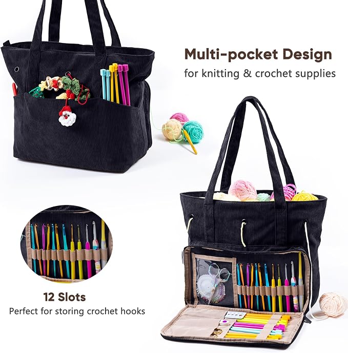 MYBAGZING Large Yarn Tote Organizer – Corduroy Knitting Storage Holder for Yarn, Hooks & Accessories, Portable Craft Carryall for Crocheting Lovers, Mother’s Day Gift