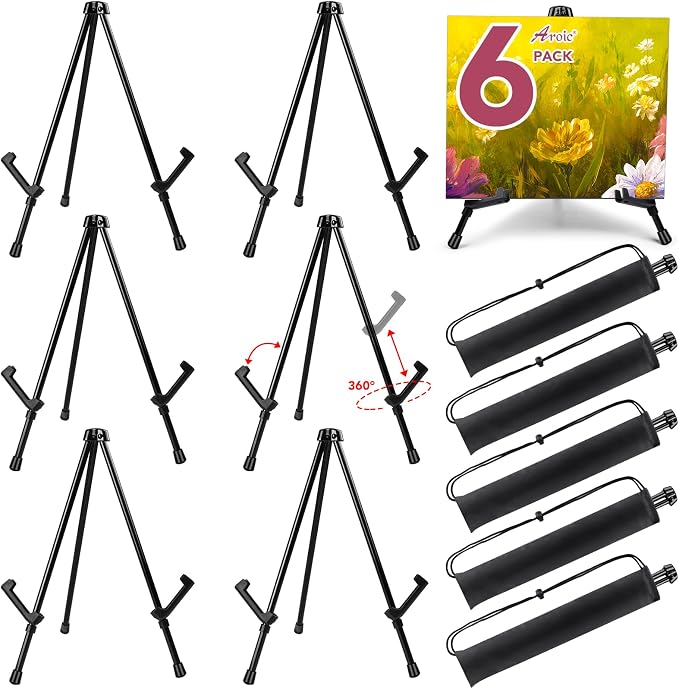 AROIC 6 Pack 14'' Tabletop Easels, Black Steel Table Top Easels for Display | Adjustable Portable Table Top Easel for Paintings, Signs, Posters,Frame Pictures(with 6 Bags)