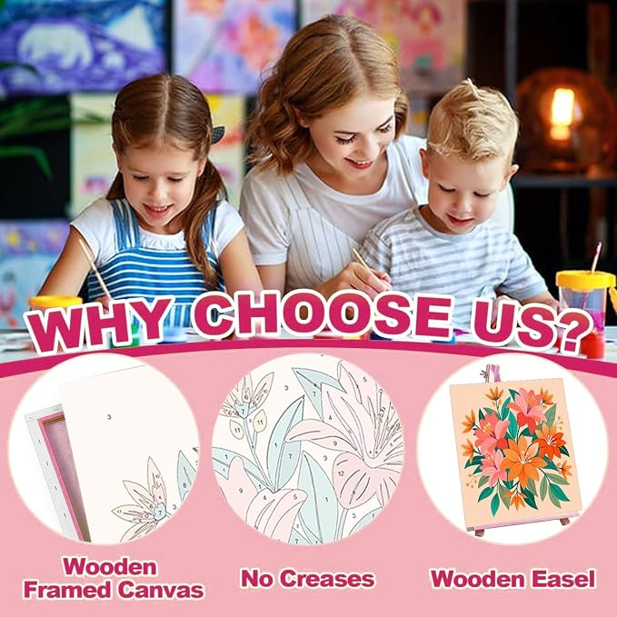 cviokrdu 4 Pack Paint by Numbers Kit for Kids with Frame - Wooden Easel, Flowers Paint by Numbers for Kids Ages 4 8 12, Easy Flower Acrylic Oil Painting Kits for Home Wall Decoration 8x8 inch