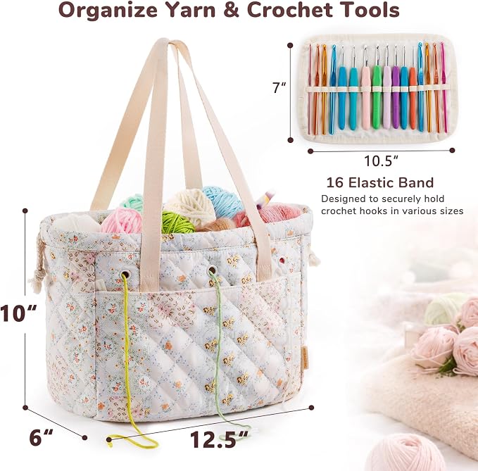 MYBAGZING Portable Crochet Bag Organizer with Crochet Hook Organizer Roll, Quilted Yarn Storage Tote with Grommets, Knitting Project Bag for Yarn & Accessories, Floral Craft Tote Gift for Crocheters