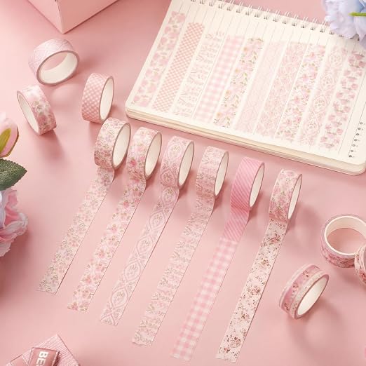12 Rolls Floral Washi Tape Set,Pastel Pink,Tea Party | Watercolor Flowers Design for Scrapbook Journal DIY Craft School Supplies, 15 mm Vintage Decorative Masking Washi Tapes