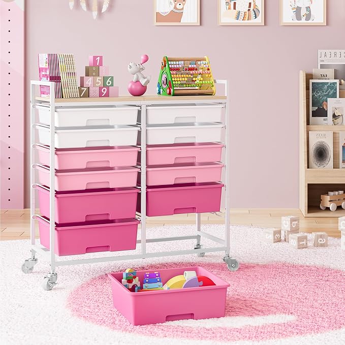 TOOLF 12 Drawers Rolling Storage Cart with Wooden Top for Classroom,Pink | Teacher Cart Craft Art Supply Organizer, Utility Cart with Lockable Wheels for Home Household Essentials, Office Organization