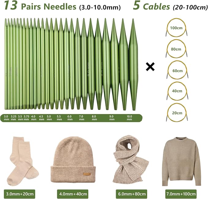4-inch Knitting Needles Set, 13 Pairs Interchangeable Circular Knitting Needles Set Aluminum 3-10mm with 5 Cables, Knitting Accessories and Case, Green