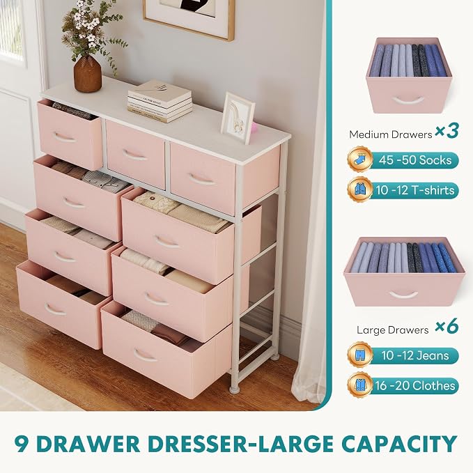 OLIXIS 9 Drawer Pink Dresser for Bedroom, Closet Organizers and Storage