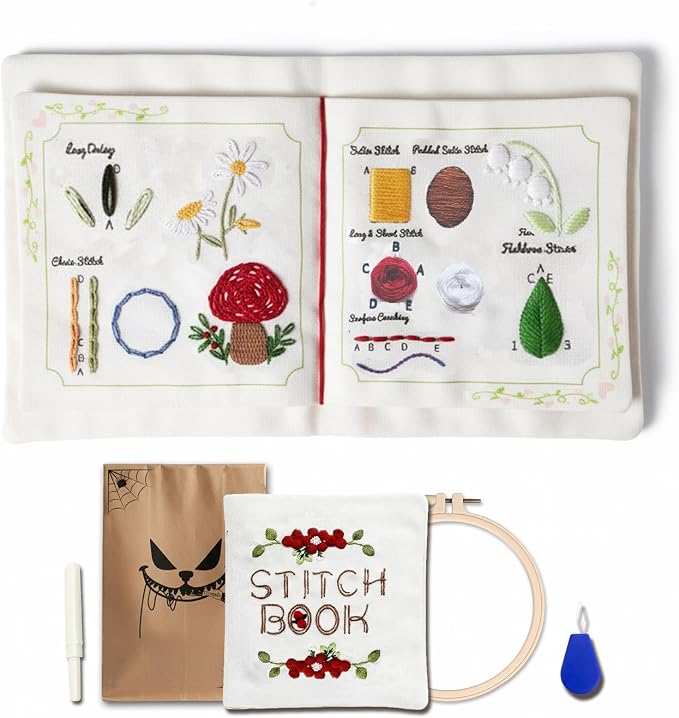 TenDawn Embroidery Stitch Book Kit, 12 Stitches, Basic Set | Fabric Practice Book, Embroidery Kit for Beginners, Easy Entry Sewing Set