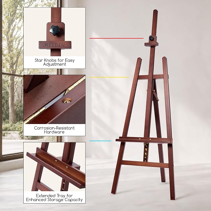 MEEDEN Art Wooden Easel Stand: Solid Beechwood, Can Hold Canvas up to 43" | Adjustable Height from 57"-76" for Studio Gallery, Multiple Angles A-Frame Easel for Adults Artists Beginners, Deep Walnut