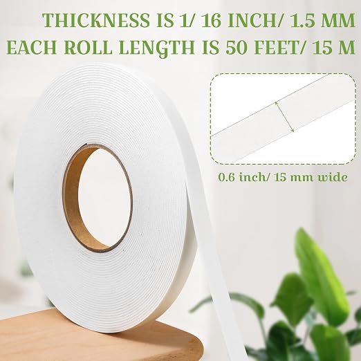 Tatuo 2 Rolls Double Sided Foam Tape for Mounting,0.6 Inch by 50 Feet,White