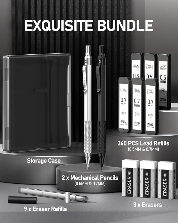 2PCS Metal Mechanical Pencil Set, 0.5mm+0.7mm, Storage Case, Black＆Silver