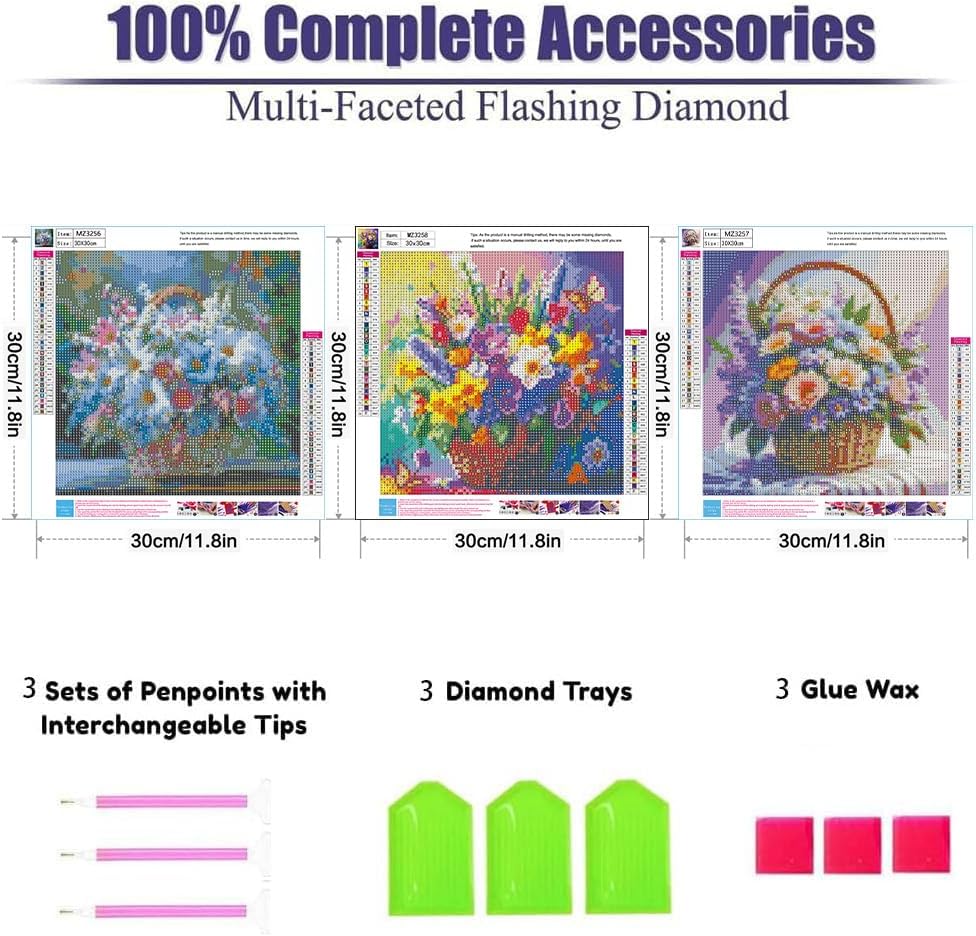 WNPOKN 3 Pack Floral Basket Diamond Art Kits for Adults 12x12Inch