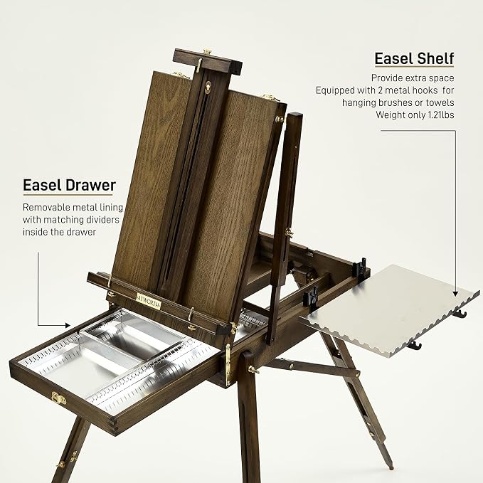 French Easel for Painting: Deluxe Beech Wood Plein Air Easel Stand with Metal Side Tray - Portable Sketchbox for Outdoor Field & Studio - Holds Canvas up to 34"- Gray Walnut