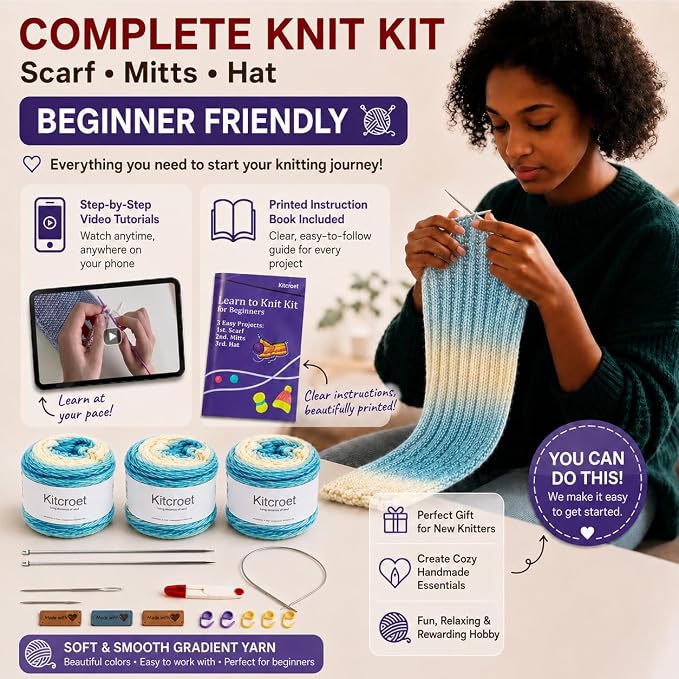 Knitting Kit for Beginners, Complete Starter Kit for Scarf, Hat, Gloves | Kitcroet Knitting Kit Video Tutorials & Written Guide; 2 Types of Needles & Knitting Accessories; 25% Extra Yarn Included