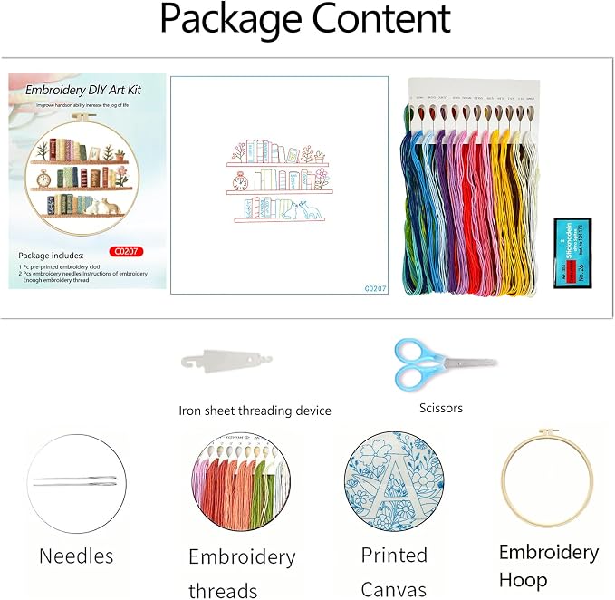 Zhenqing Book Lover Embroidery Kit for Beginners, Cozy Bookshelf Needlework Craft with Pre-Printed Cotton Fabric, Hoop, Threads & Tools, Reading Nook Decor (C0207)