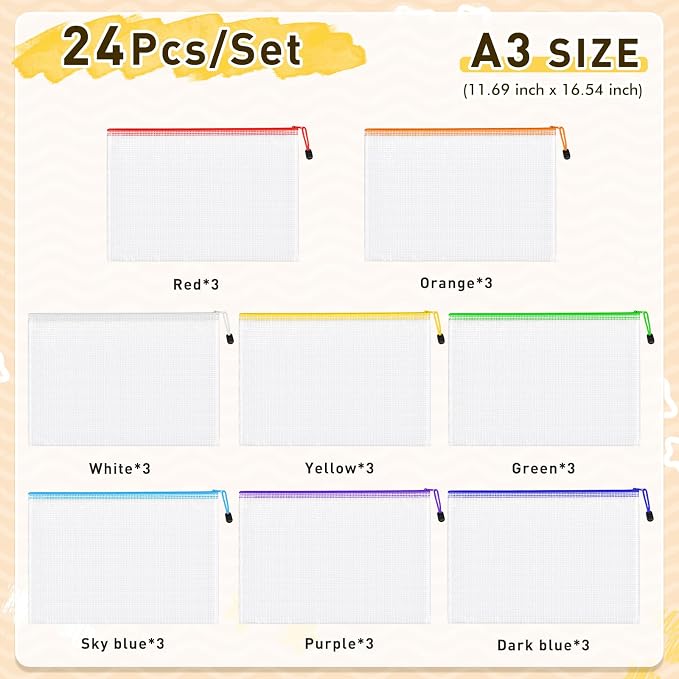 24pcs Mesh Zipper Pouch Bags, A3 Large Size 8 Colors Plastic Zipper Bags for Organizing Storage, Clear Pouches with Zipper, Waterproof Mesh Bags for Office Supplies, Home Organize, Travel Storage