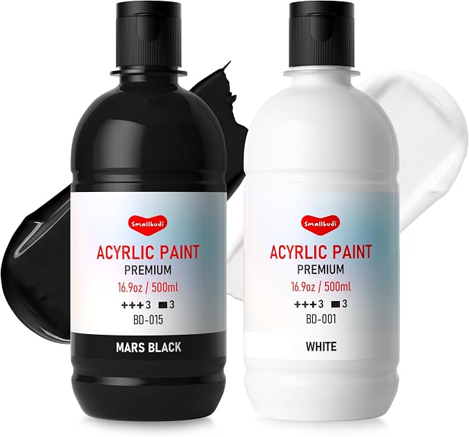 Smallbudi Black and White Acrylic Paint Set, 2 Bottles 16.9 oz/500 ml Each | Large Bulk Black Acrylic Paint & White Acrylic Paint, Non Toxic Craft Paint for Canvas, Wood, Ceramic, Fabric Crafts, DIY