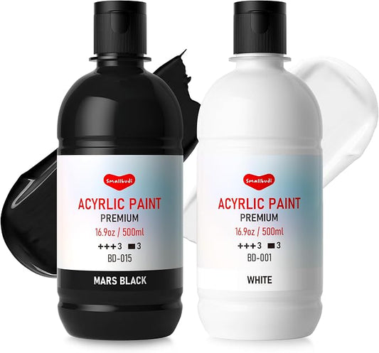 Smallbudi Black and White Acrylic Paint Set, 2 Bottles 16.9 oz/500 ml Each | Large Bulk Black Acrylic Paint & White Acrylic Paint, Non Toxic Craft Paint for Canvas, Wood, Ceramic, Fabric Crafts, DIY