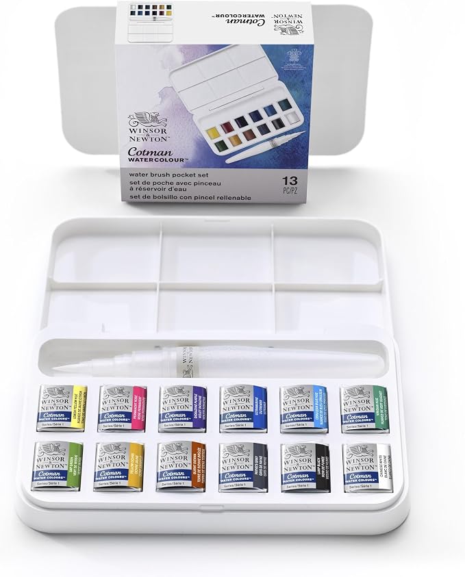 Winsor & Newton Cotman Watercolor Paint Set, 12 HP Water Brush Pocket Set | Introductory Watercolor made with Fine Art Pigments, Perfect for Beginners, Lightfast & Permanent, Good Tinting Strength