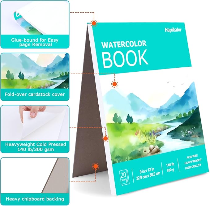 Hapikalor 9"x12" Watercolor Paper, 140lb/300gsm Water Color Paper, Green | Artist Painting Drawing Paper Book, Art Supplies for Adults Kids, Watercolors, Watercolor Paint Set, Sketchbook, Journal