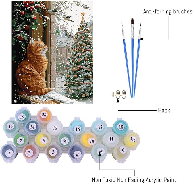 Cat Paint by Numbers Kit for Adults,Winter Painting by Numbers,DIY Acrylic Paint Kit for Adults Beginners Without Frame,Easy Christmas Adult Paint by Number Kits on Canvas for Decor 16x20inch