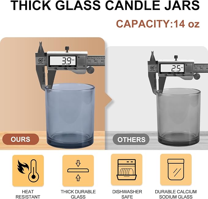SHOWIN 14 OZ Thick Candle Jars for Making Candles 12 Pcs, 3 Wick Empty Jars with Wood Lids for Candle Making, Sample Container,Clear Grey
