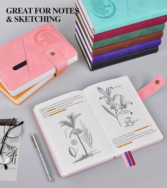 PAIBAS Blank Journal Notebook, A5 Hardcover Leather Sketchbook with 200 Pages Thick Blank Paper for Men Women, Unlined Drawing & Writing Journal, 5.9" x 8.4" Plain Notebook (pink)
