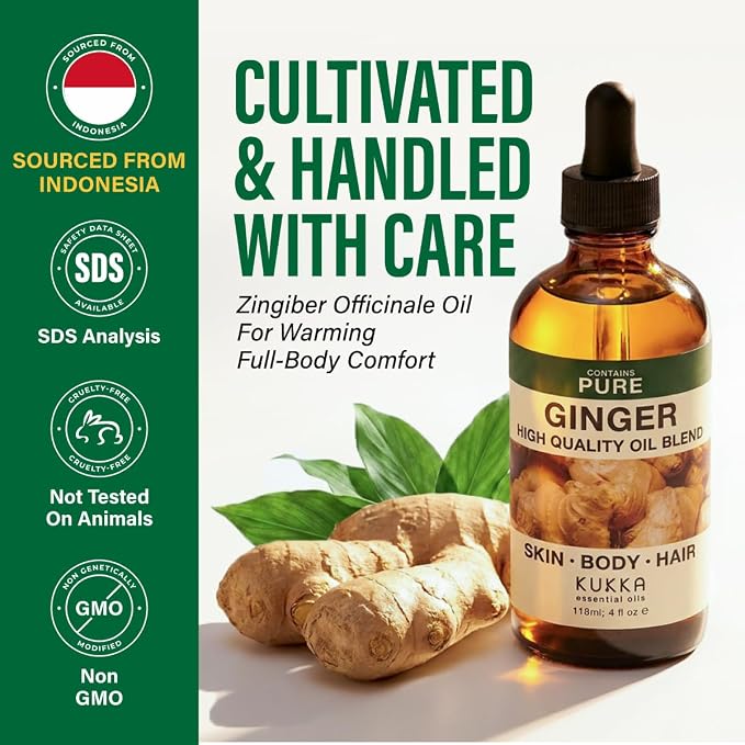 Kukka 100% Pure Ginger Essential Oil for Skin, Diffuser, 4 Fl Oz | Undiluted Ginger Oil for Scalp Care, Warming Massage Blends, Diffuser Aromatherapy & DIY Soap Making