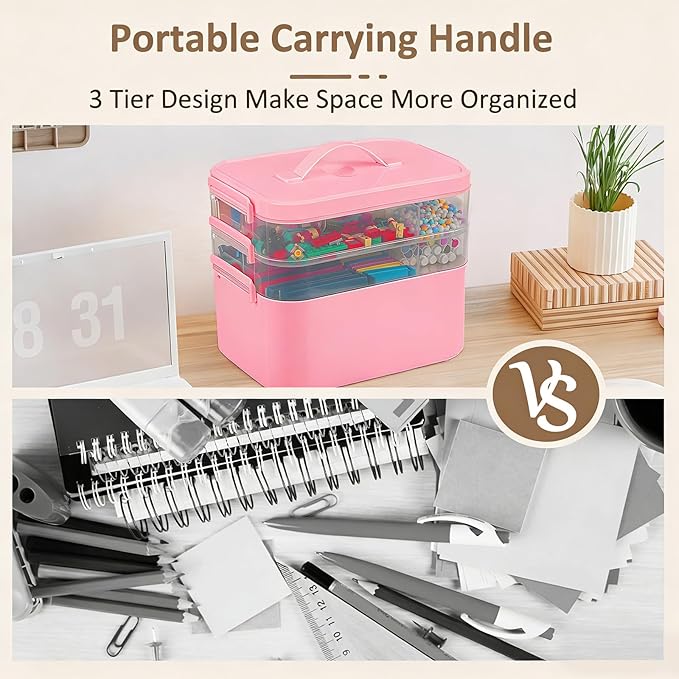 Gifhomfix 3-Layer Plastic Craft Organizers and Storage Box with Removable Trays, Storage Containers with lids and Handle, Art Supply Storage Organizer for Bead, Ornament, Nail Polish, Tape（Pink）