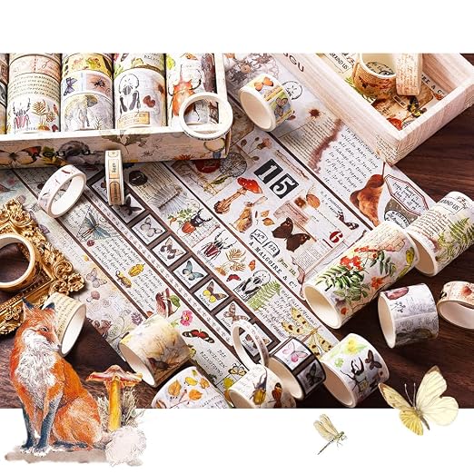 18 Rolls Vintage Washi Tape Set,Floral Letter forest Butterfly Mushroom Botanical Flower Writable Decorative Tapes for Scrapbooking , Junk Journal supplies,Bullet Journal Supplies, DIY Crafts Art