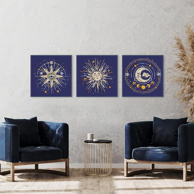 Louise Maelys 3 Pack Tarot Sun Moon Embroidery Kit for Beginners Celestial | Cross Stitch Kit for Adults, Complete Starters DIY Needlepoint Kit with Sun Moon Star Evil Eye Pattern and Instructions