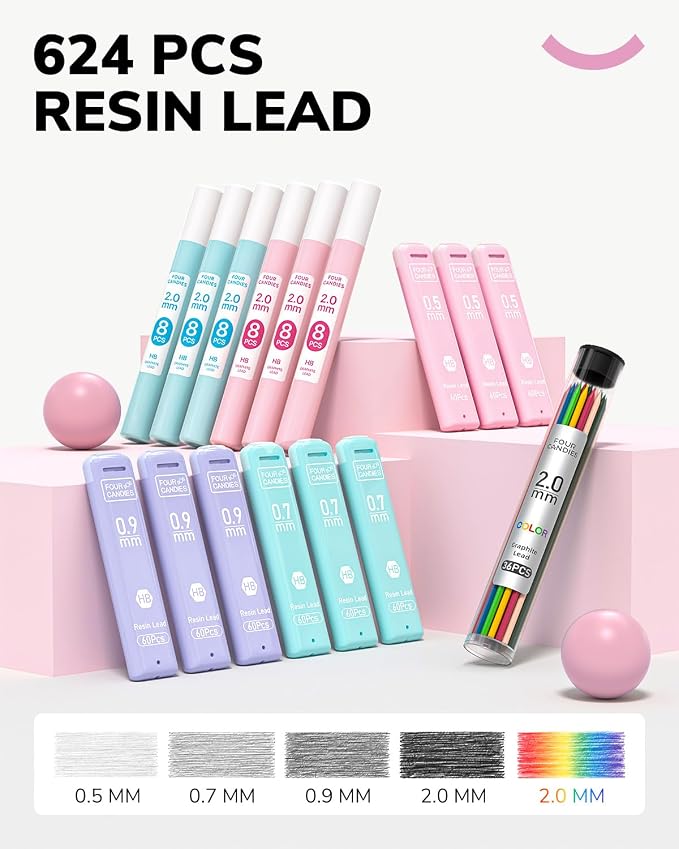 Four Candies 36PCS Mechanical Pencil Set with 624 Lead Refills (Light Pink)