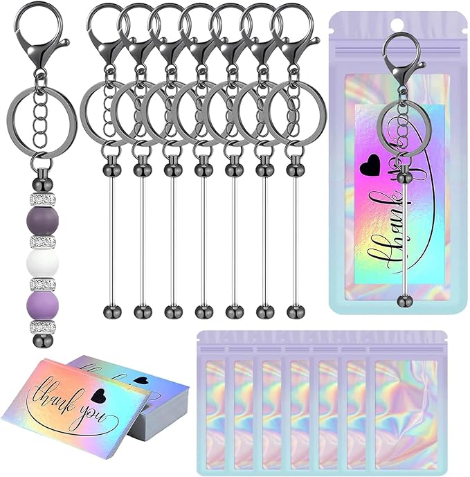 42/84/126 Pcs Beadable Keychain Bars Bulk Blank DIY Beaded Keychain Making Supplies with Bag Thank You Card