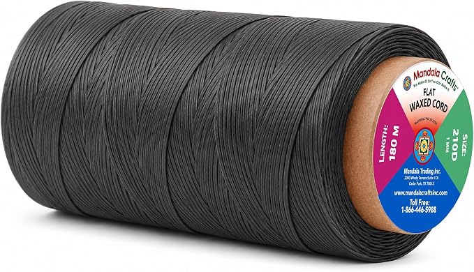 Mandala Crafts 210D 1mm Charcoal Flat Waxed Thread for Leather Sewing