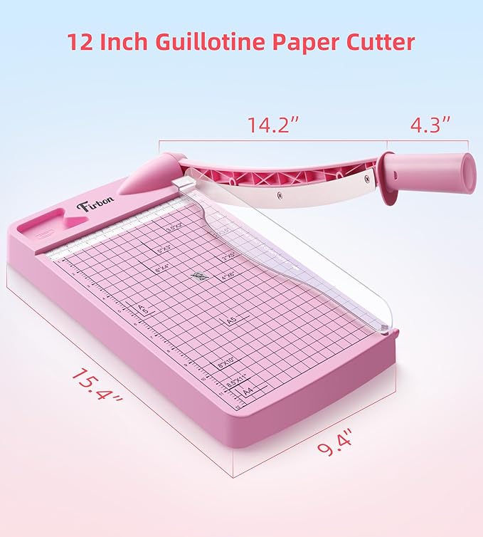 Firbon 12 Inch Guillotine Paper Cutter, Heavy Duty Paper Trimmer, Pink | 12-Sheet Capacity | Dual Scales | Paper, Cardstock & Photo Trimming | Scrapbooking Crafts | Office, Home & Studio Use
