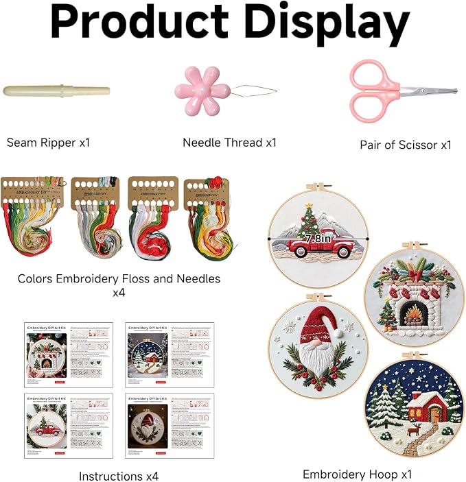 BBLYBD Christmas Embroidery Kit, 4 Set Embroidery DIY Starter Kit, Cross Stitch Kits with Pre-Printed Embroidery Fabric, Hoops, Step-by-Step Instructions, Color Threads & Needles (Christmas-4 Set)
