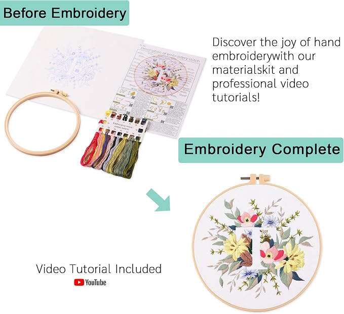 Harimau Letter Pattern T Embroidery Kit for Adult Beginners, Complete Starter Pack with 1 Hoop, Needles, Instruction Guide & Embroidery Stitch Video Tutorials