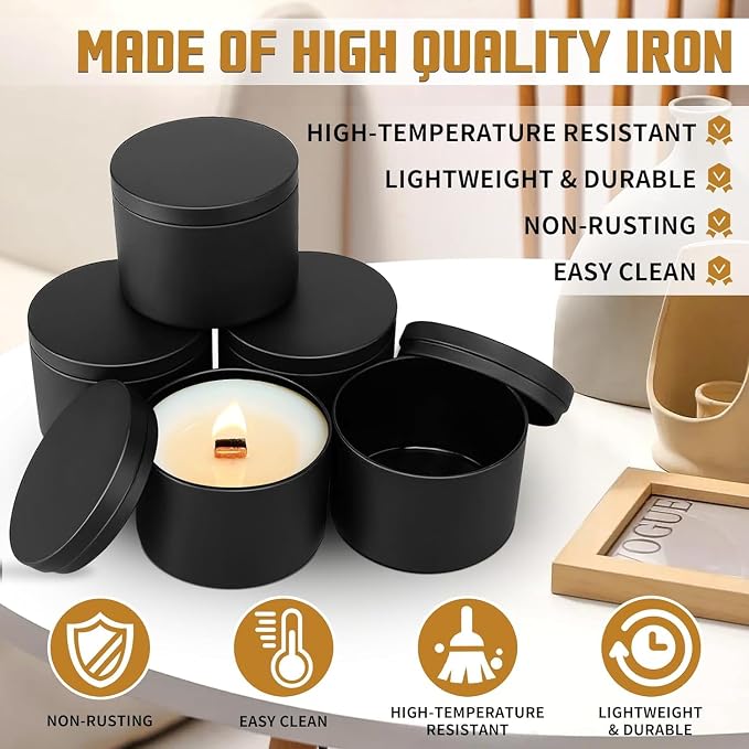 12-Pack 10oz Candle Tins with Lids, Metal Candle Jars for Candle Making, Empty Containers Vessels Bulk for Small Business & Beginners DIY Storage -Black