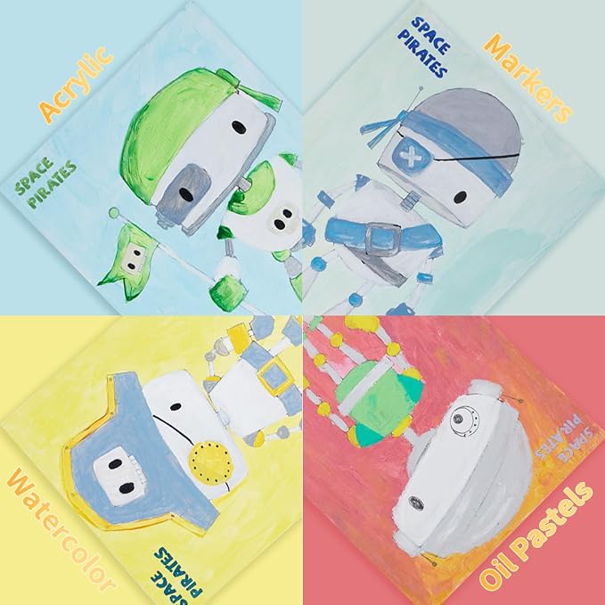 Pre Drawn Painting Canvas for Painting, 8x10 Inch Canvas Boards 12 Pack (Space Pirate Robot Designs), Canvas Panels for Acrylic Paint, Watercolor, Markers & DIY Craft Projects