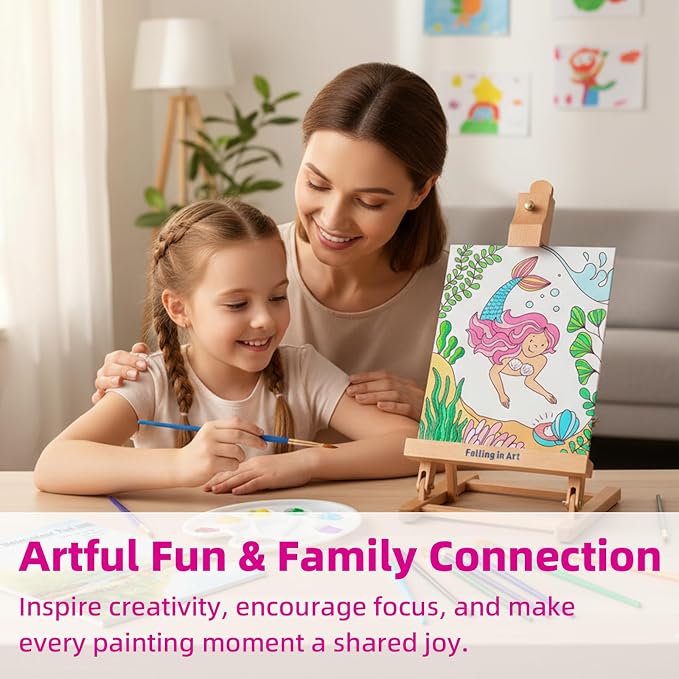 Falling in Art Kids Tabletop Easel Set, Portable Art Easel Painting Kits | 52 Pcs Wooden Easel for Painting Canvases, Including 12 Colors Acrylic Paints, 10 Paintbrushes and 4 Canvas Panels, Pink